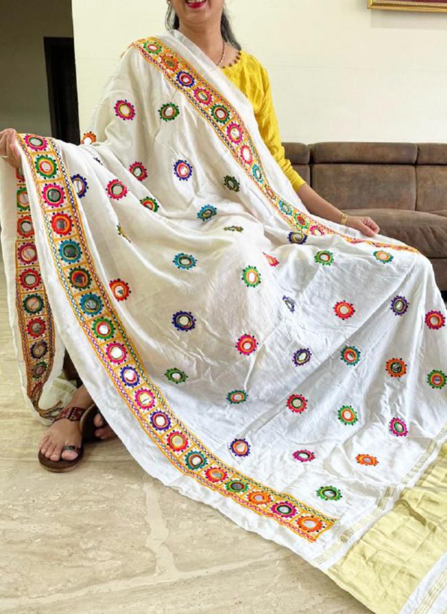 Silk White Navratri Wear Embroidery Work Dupatta